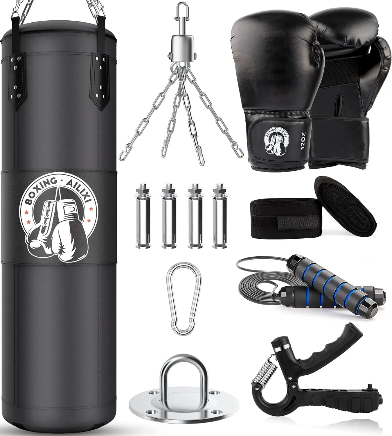4FT Punching Bag for Adults/Kids, Unfilled Heavy Punching Bag, Boxing Bag Set with Punching Gloves, Wraps, Chain, Ceiling Hook for MMA Kickboxing Boxing Karate Muay Thai Taekwondo