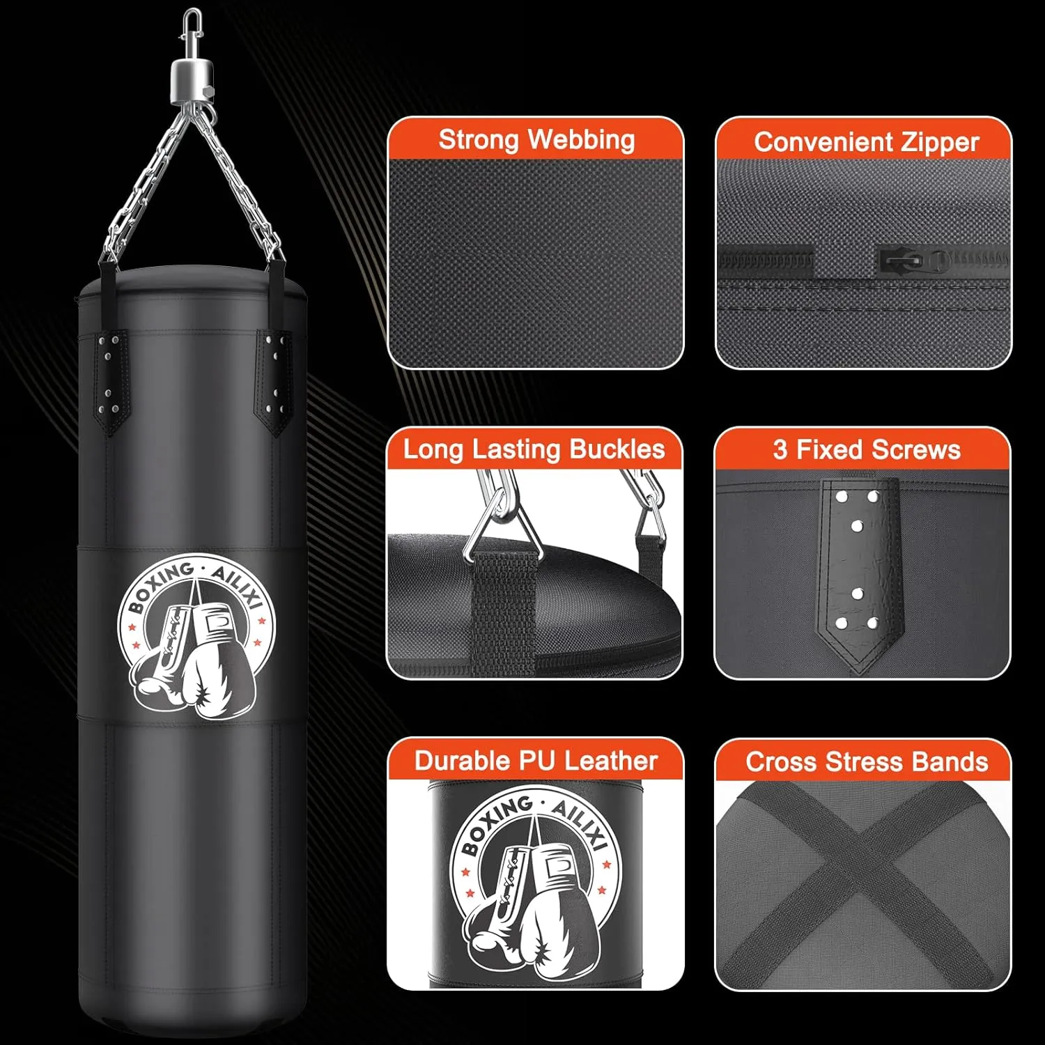 4FT Punching Bag for Adults/Kids, Unfilled Heavy Punching Bag, Boxing Bag Set with Punching Gloves, Wraps, Chain, Ceiling Hook for MMA Kickboxing Boxing Karate Muay Thai Taekwondo
