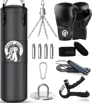 4FT Punching Bag for Adults/Kids, Unfilled Heavy Punching Bag, Boxing Bag Set with Punching Gloves, Wraps, Chain, Ceiling Hook for MMA Kickboxing Boxing Karate Muay Thai Taekwondo