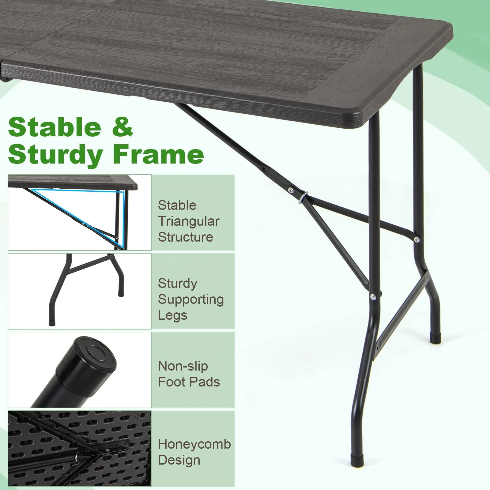 5FT Folding Picnic Table with Wood Grain HDPE Tabletop and  Non-slip Foot Pads-Black