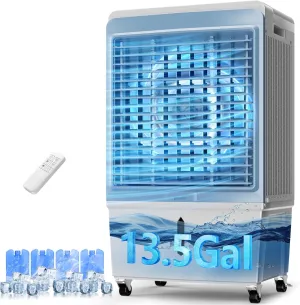 6000CFM Swamp Cooler, Evaporative Air Cooler,Portable Air Cooler with Water Level Alarm,Sliver Ion,13.5 Gal Water Tank,12H Timer,120°Oscillation for Patio, Yard, Porch, Outdoor,Commercial(48")