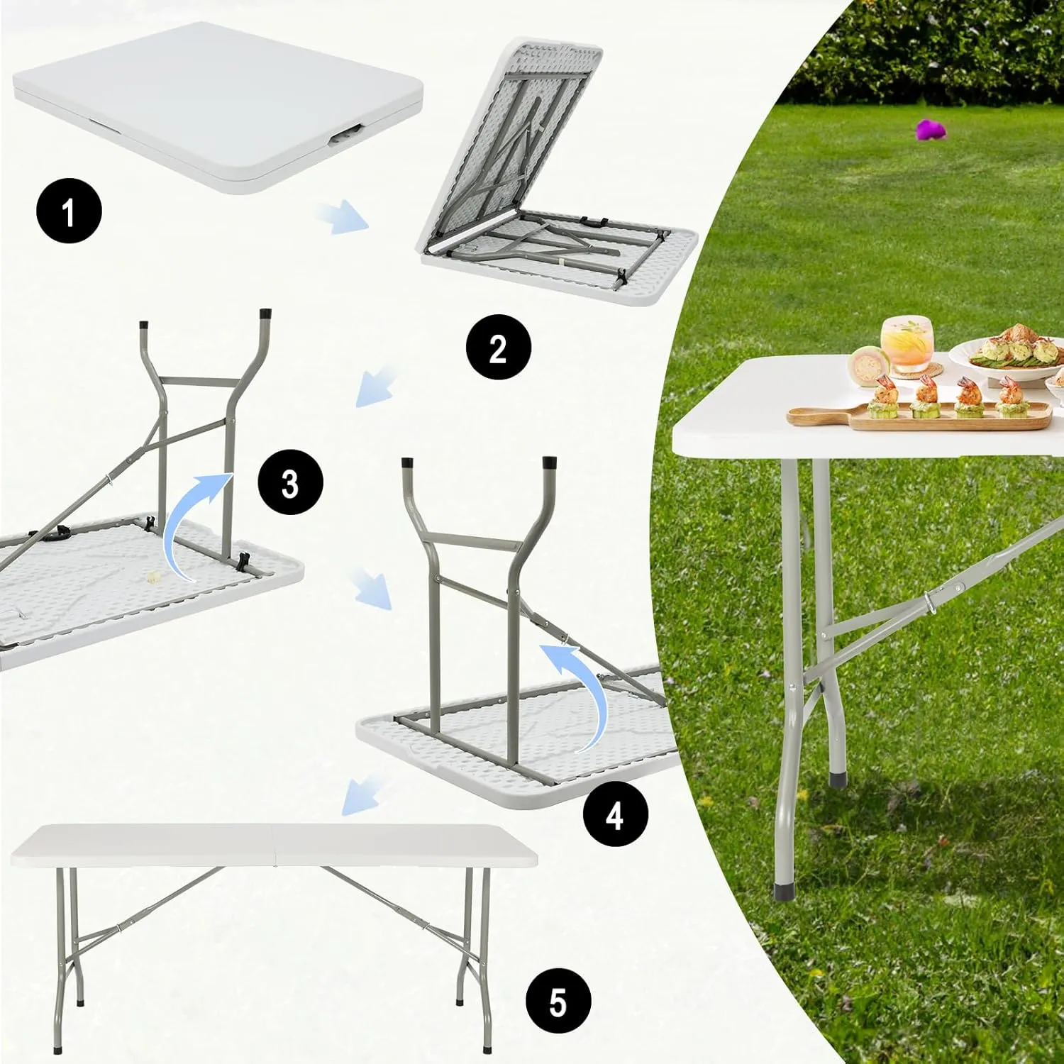 6ft Heavy Duty Portable Folding Table - Plastic Dining Table Indoor/Outdoor White Plastic Table for Parties, BBQs, and Camping