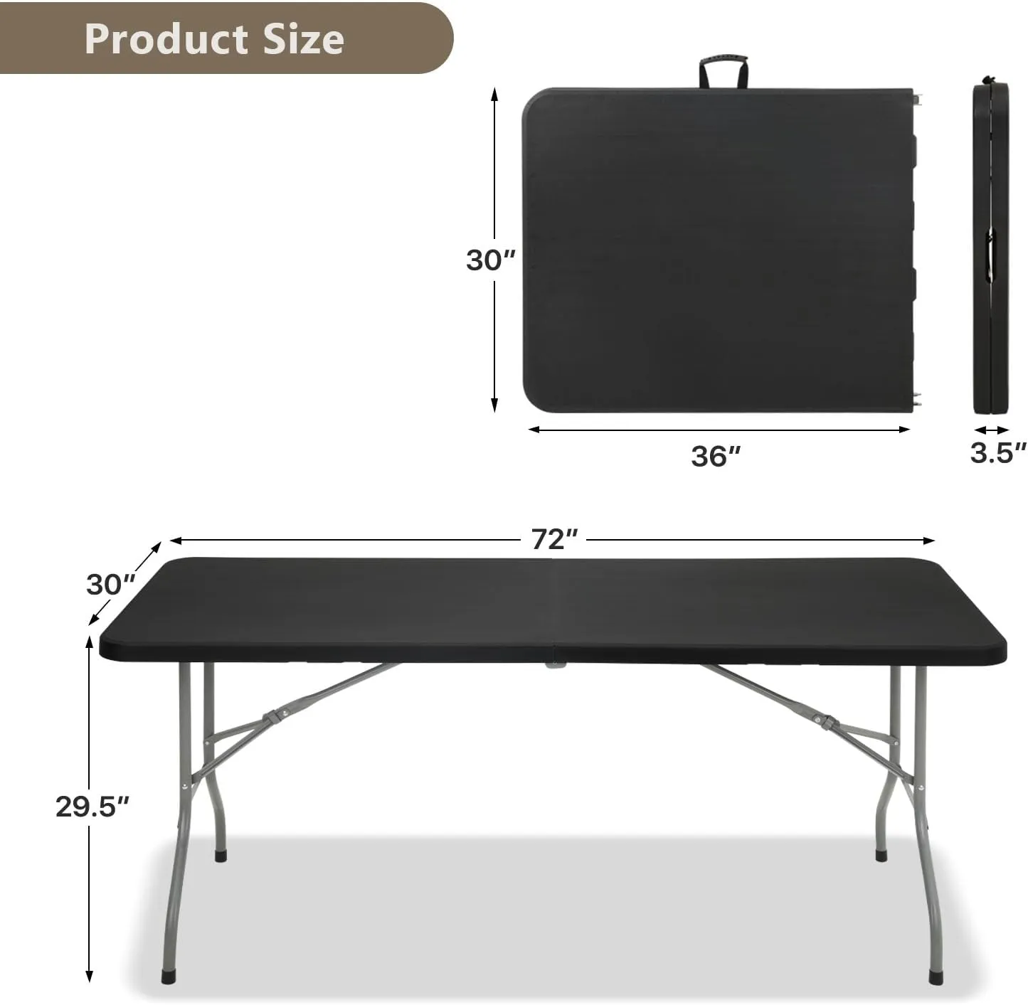 72 Inch Folding Table with Carry Handle, Portable Heavy Duty Plastic Utility Table with Steel Legs for Party, Wedding, Camping, Indoor, Outdoor Event, Black