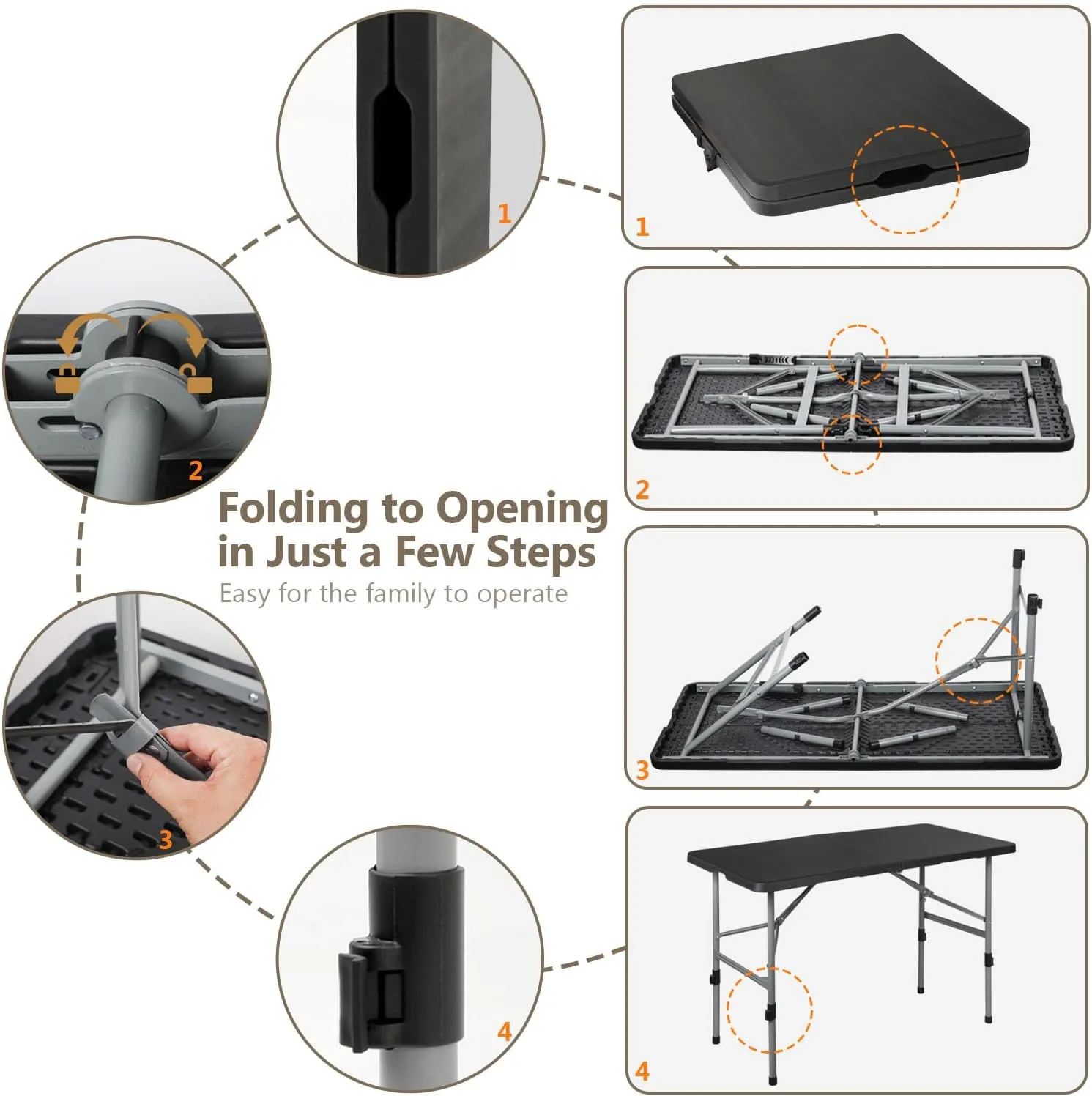 72 Inch Folding Table with Carry Handle, Portable Heavy Duty Plastic Utility Table with Steel Legs for Party, Wedding, Camping, Indoor, Outdoor Event, Black