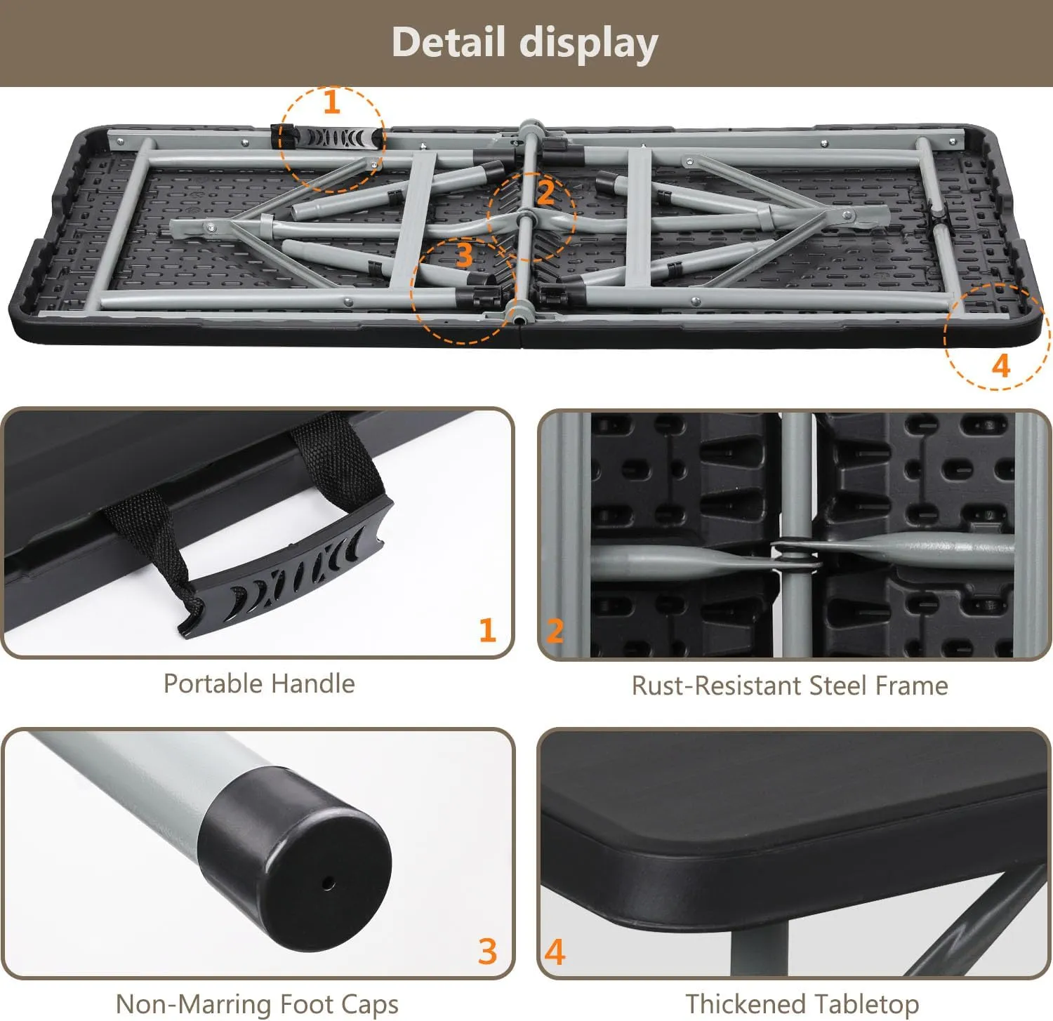72 Inch Folding Table with Carry Handle, Portable Heavy Duty Plastic Utility Table with Steel Legs for Party, Wedding, Camping, Indoor, Outdoor Event, Black
