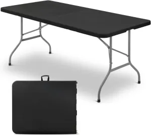 72 Inch Folding Table with Carry Handle, Portable Heavy Duty Plastic Utility Table with Steel Legs for Party, Wedding, Camping, Indoor, Outdoor Event, Black