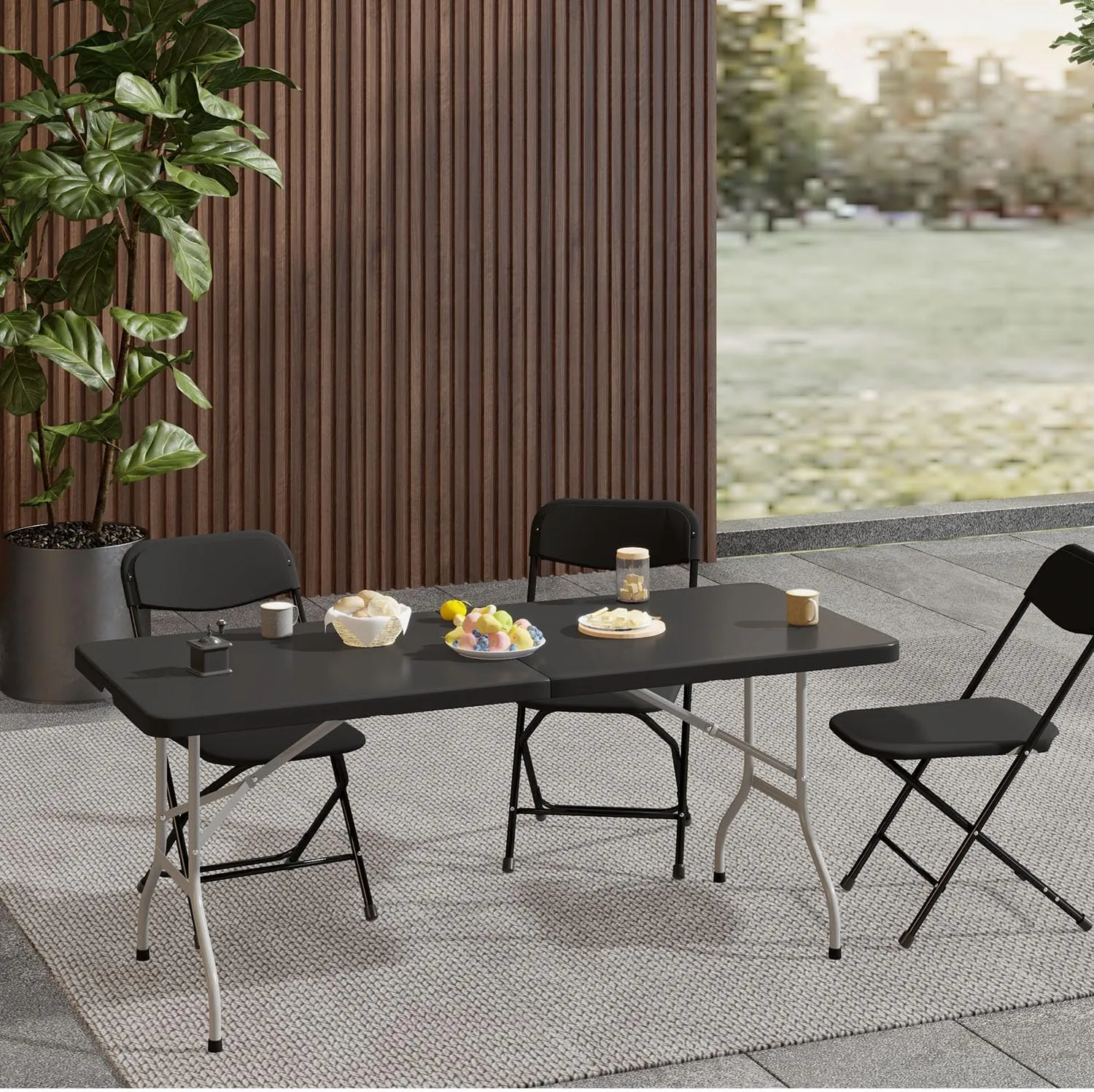 72 Inch Folding Table with Carry Handle, Portable Heavy Duty Plastic Utility Table with Steel Legs for Party, Wedding, Camping, Indoor, Outdoor Event, Black