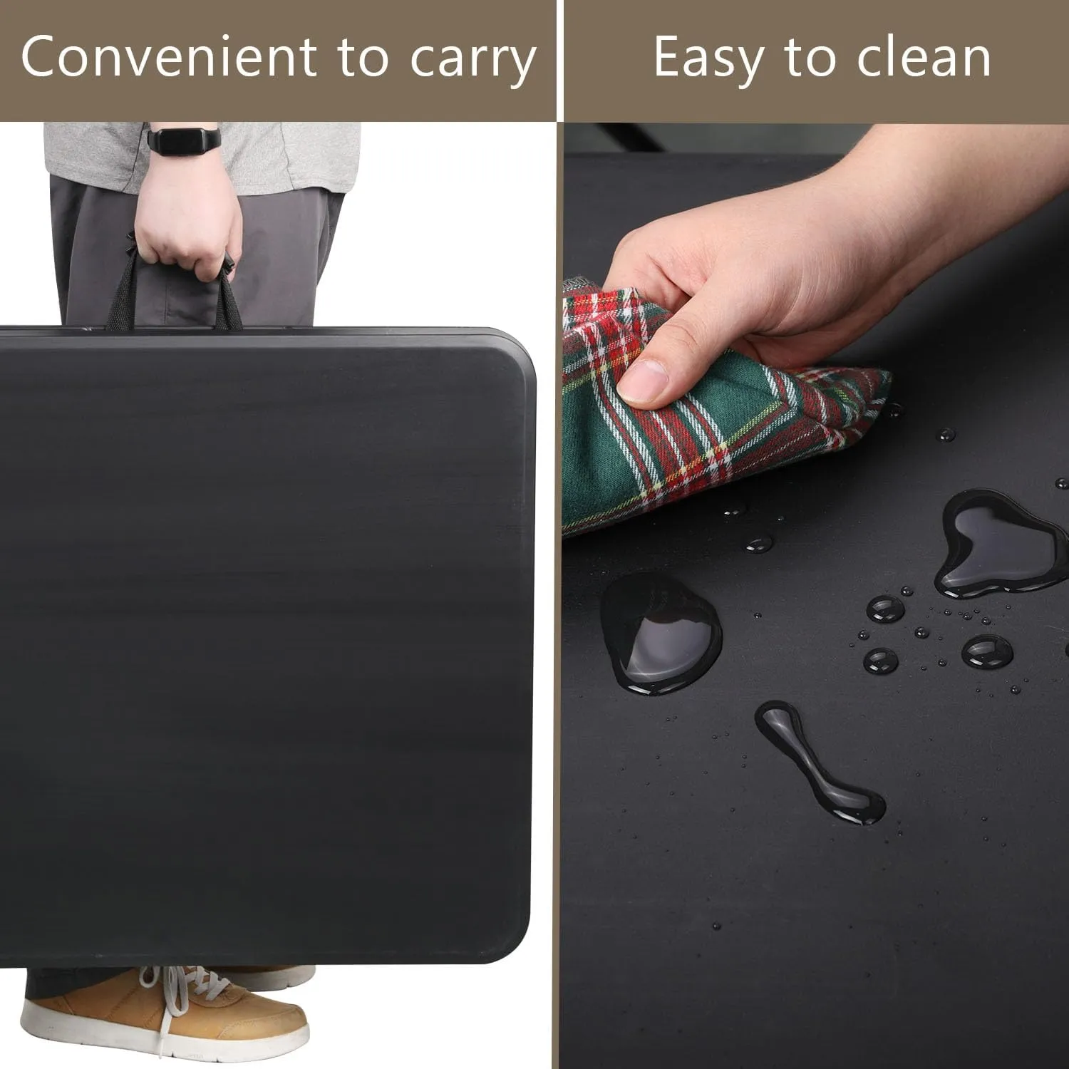 72 Inch Folding Table with Carry Handle, Portable Heavy Duty Plastic Utility Table with Steel Legs for Party, Wedding, Camping, Indoor, Outdoor Event, Black