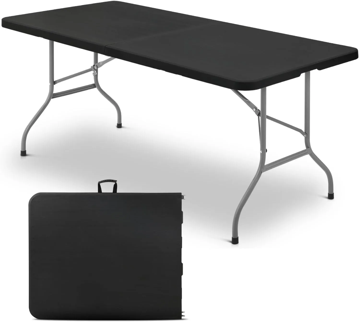 72 Inch Folding Table with Carry Handle, Portable Heavy Duty Plastic Utility Table with Steel Legs for Party, Wedding, Camping, Indoor, Outdoor Event, Black