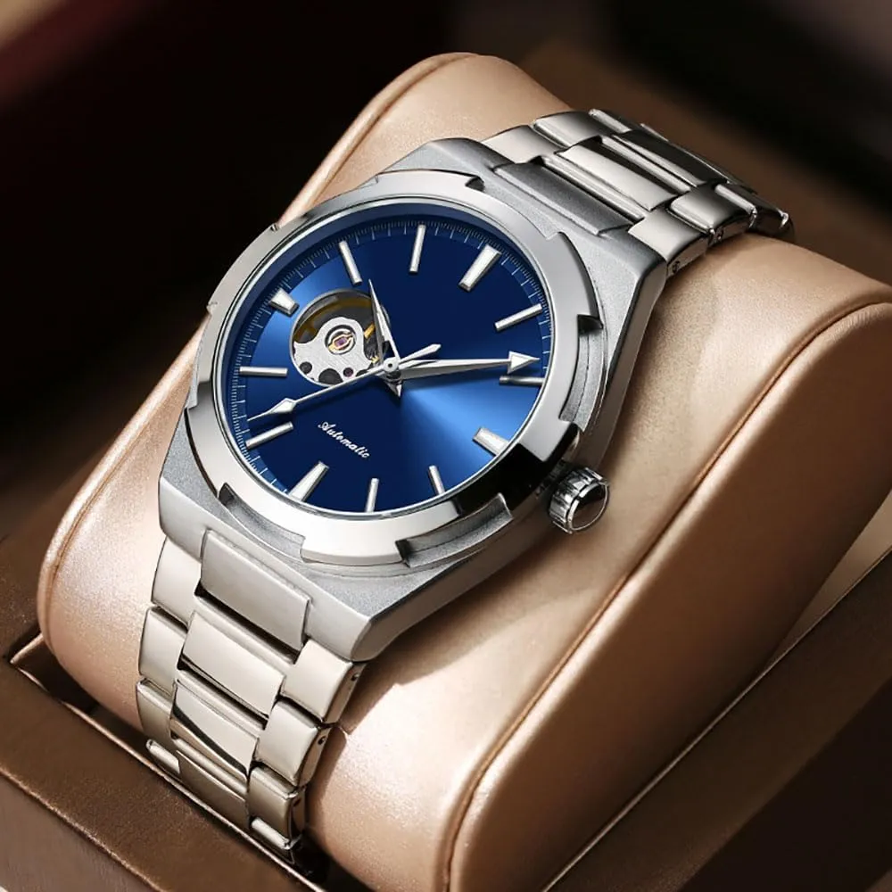 ADSBIAOYE Men Automatic Watch Self Winding Mechanical Watch Stainless Steel Dress Waterproof Luminous Watch Classic Business Blue Wrist Watch