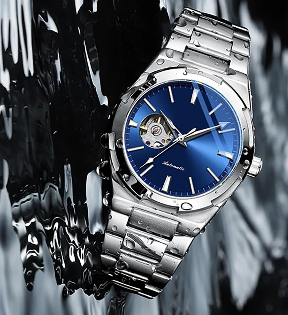 ADSBIAOYE Men Automatic Watch Self Winding Mechanical Watch Stainless Steel Dress Waterproof Luminous Watch Classic Business Blue Wrist Watch
