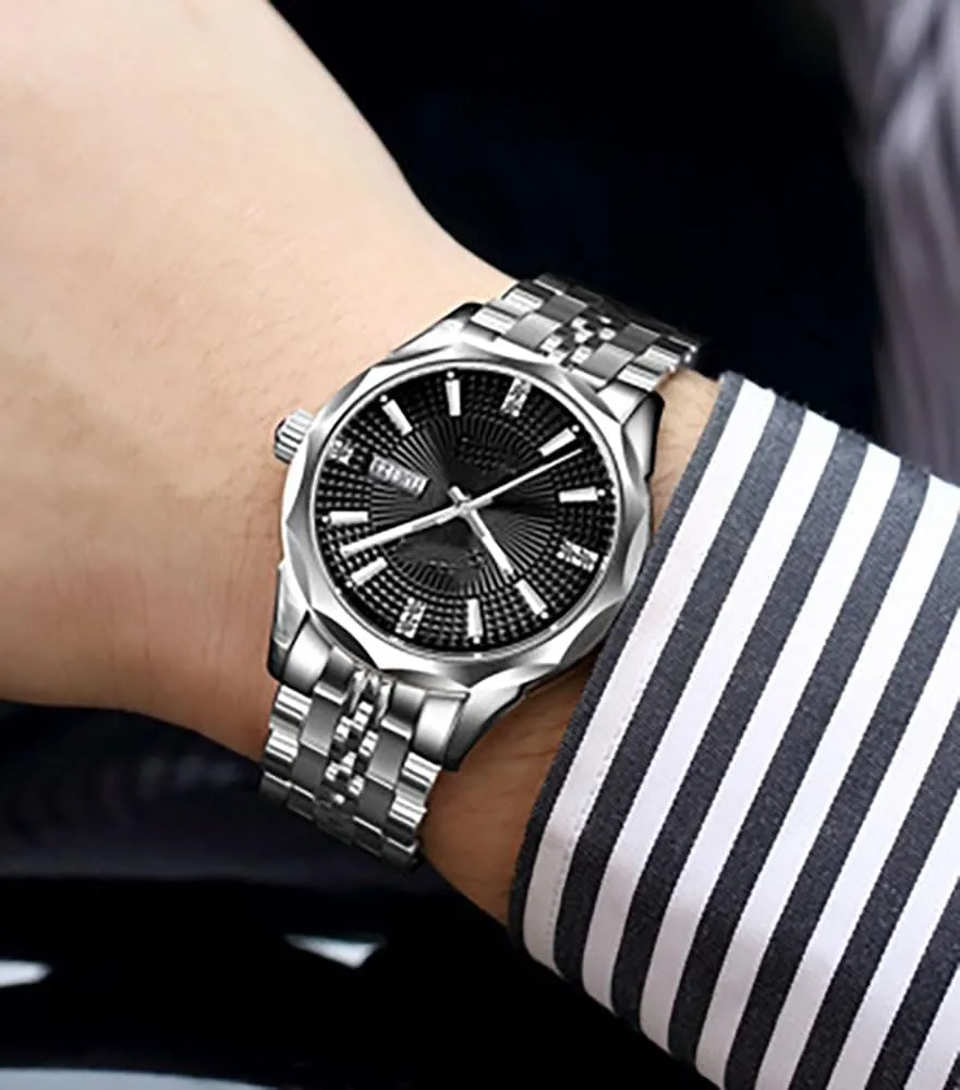 ADSBIAOYE Men Diamond Business Automatic Mechanical Watch Stainless Steel Waterproof Luminous Date Two Tone Luxury Casual Wrist Watch
