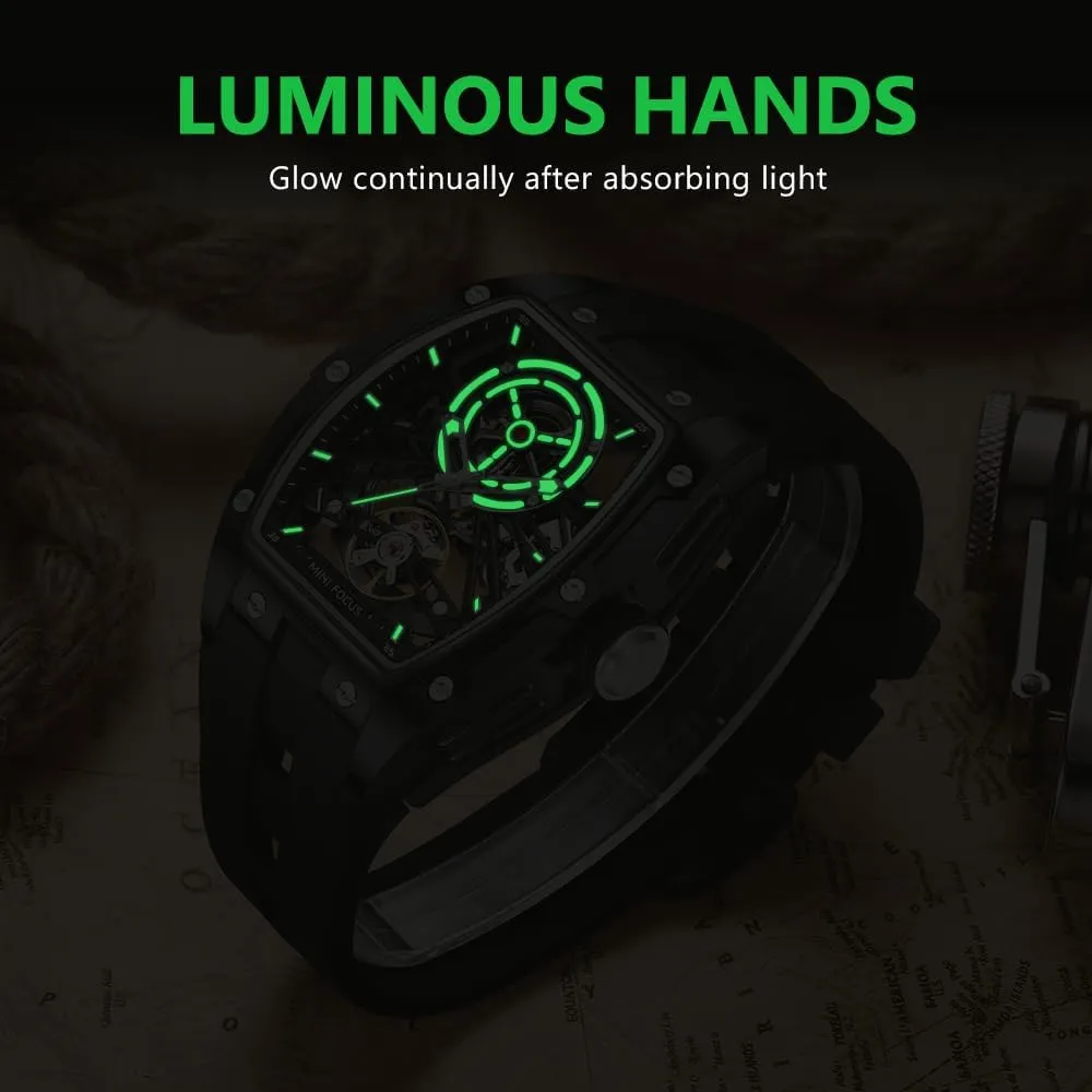 AIMES Men Automatic Watch Tonneau Luxury Skeleton Watches for Men Automatic Mechanical Winding Waterproof Analogue Watches Mens Unique Cool Square Big Face Dial Wristwatch with Silicone Strap Band