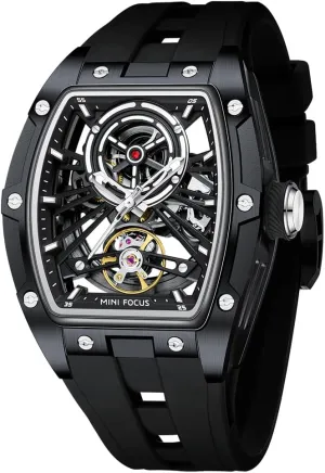 AIMES Men Automatic Watch Tonneau Luxury Skeleton Watches for Men Automatic Mechanical Winding Waterproof Analogue Watches Mens Unique Cool Square Big Face Dial Wristwatch with Silicone Strap Band