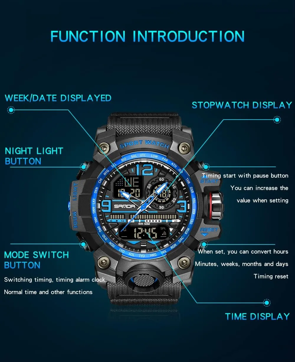 AIMES Men's Watches Sports Outdoor Waterproof Military Wrist Watch Tactical Date Multi Function Large Face LED Alarm Stopwatch for Men