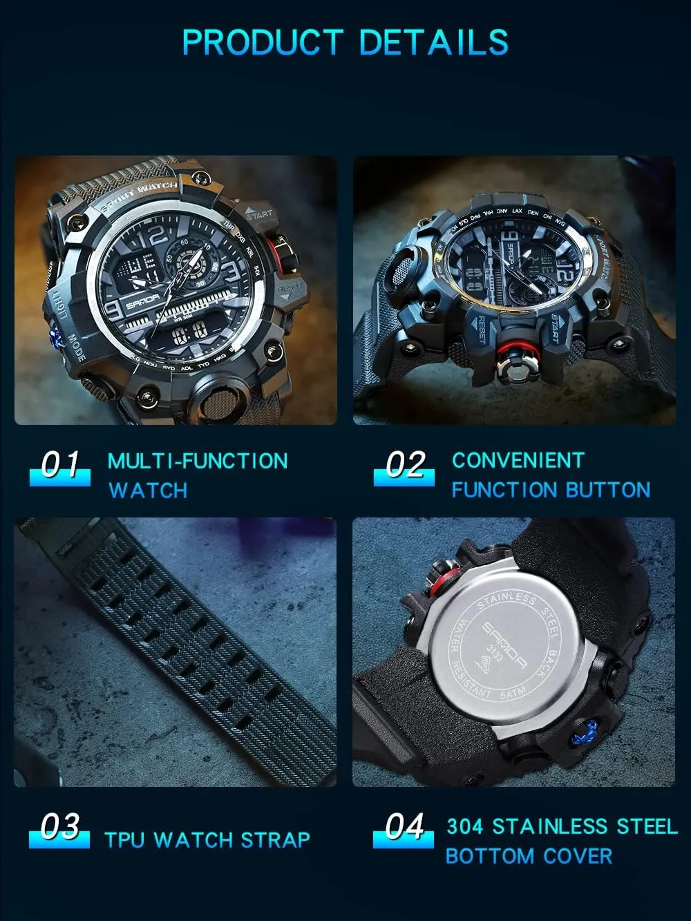 AIMES Men's Watches Sports Outdoor Waterproof Military Wrist Watch Tactical Date Multi Function Large Face LED Alarm Stopwatch for Men