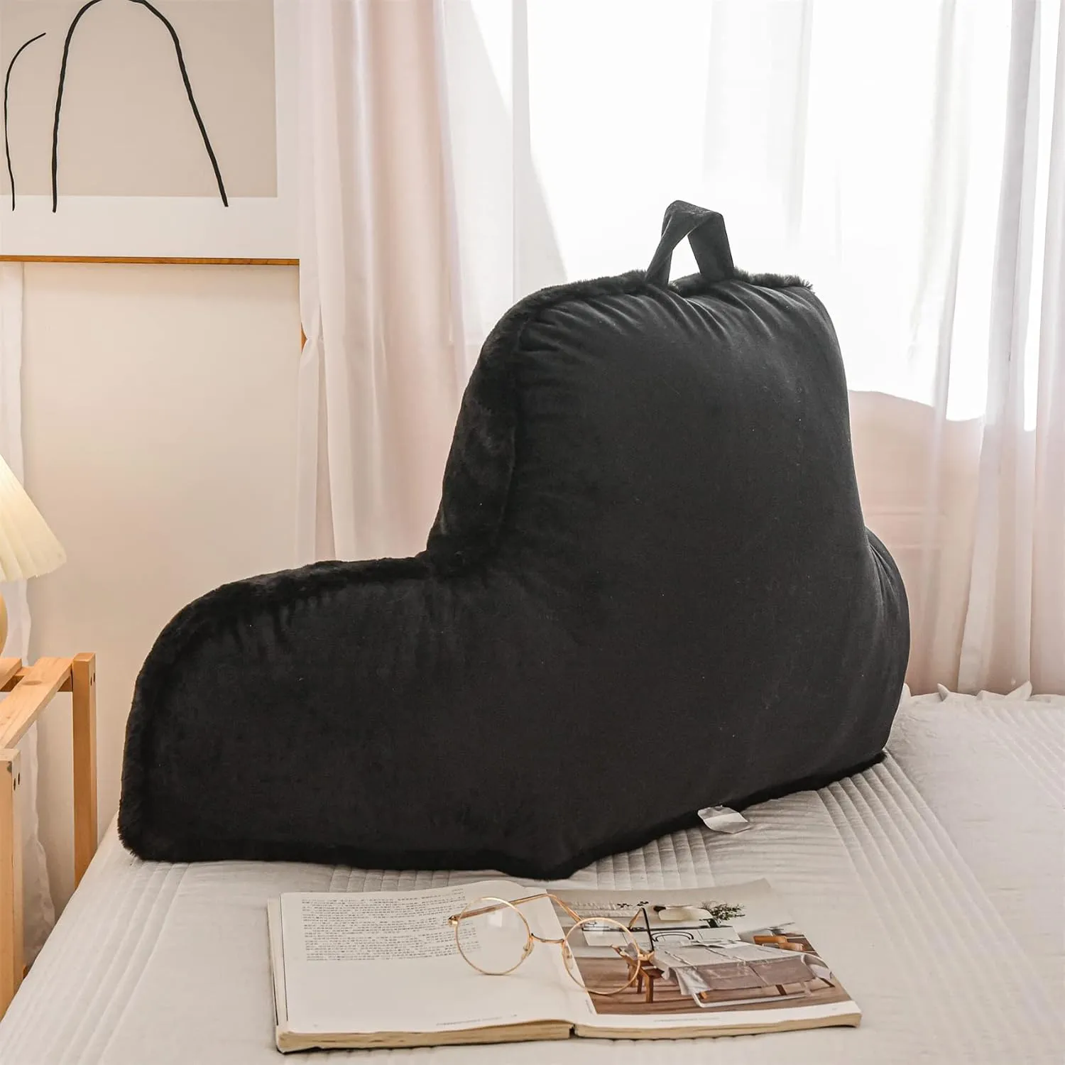 Aimuan Reading Pillow Bed Rest Pillow with Arms Rabbit Fur Cushion for Adults Teens Incline Rest Sitting up & Sleeping Snoring Pillow with Pregnancy Lumbar Back Support (Standard, Black)