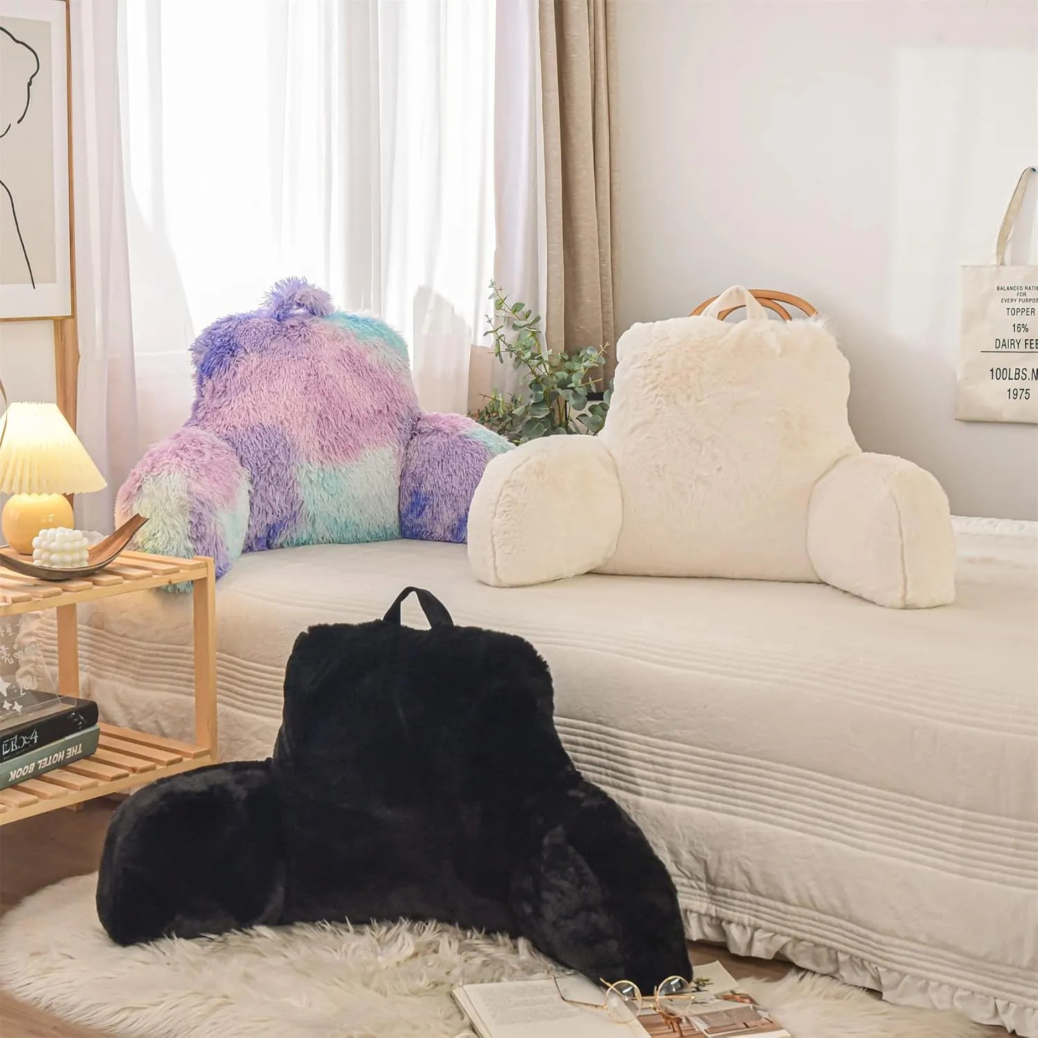 Aimuan Reading Pillow Bed Rest Pillow with Arms Rabbit Fur Cushion for Adults Teens Incline Rest Sitting up & Sleeping Snoring Pillow with Pregnancy Lumbar Back Support (Standard, Black)