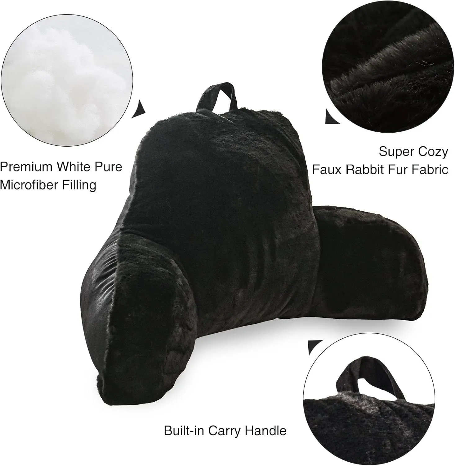 Aimuan Reading Pillow Bed Rest Pillow with Arms Rabbit Fur Cushion for Adults Teens Incline Rest Sitting up & Sleeping Snoring Pillow with Pregnancy Lumbar Back Support (Standard, Black)