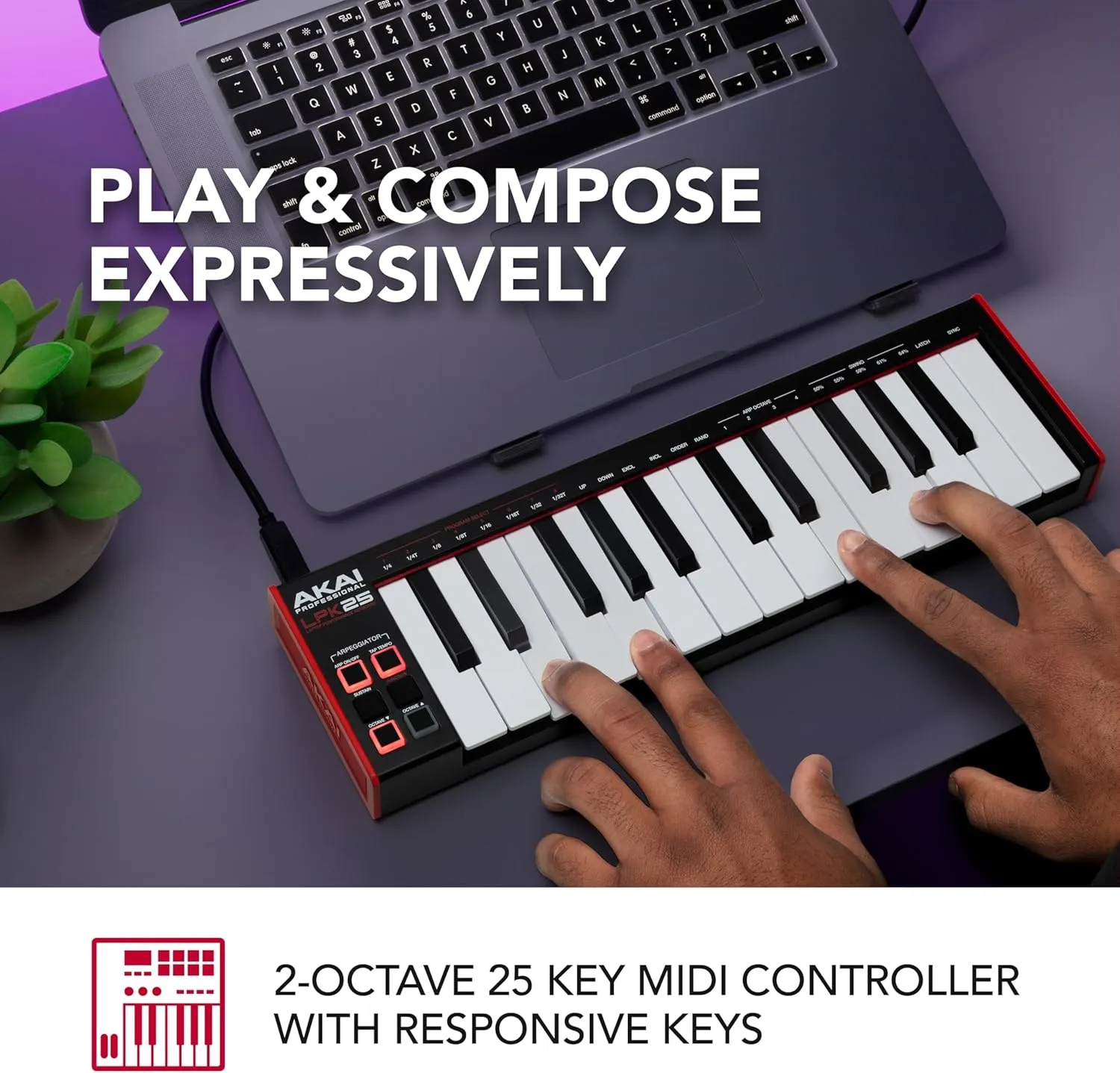 AKAI Professional LPK25 - USB MIDI Keyboard Controller with 25 Responsive Synth Keys for Mac and PC, Arpeggiator and Music Production Software,black