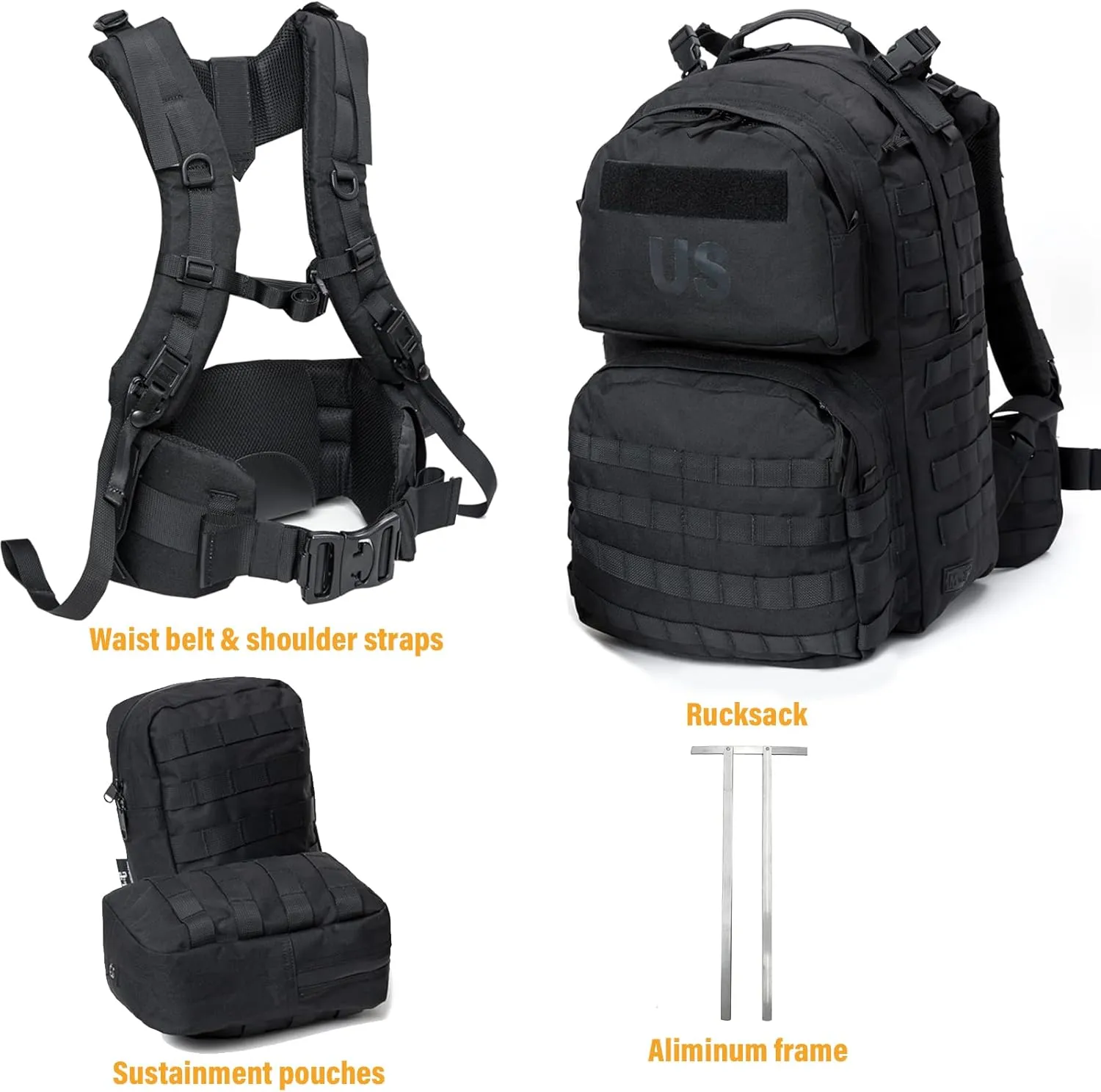 Akmax MOLLE II Medium Rucksack Military Tactical Backpack with Detachable Side Pouches & Upgraded Frame for Enhanced Comfort