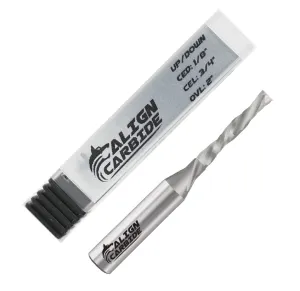 Align Carbide, UP Down (Compression) Router Bit, 1/8 Inch Cutting Diameter, 1/4 Inch Shank, Premium Solid Micro Grain Carbide, Spiral Plunge, 2 Flute, Flat Cutting Face, CNC Router Pro-Series.