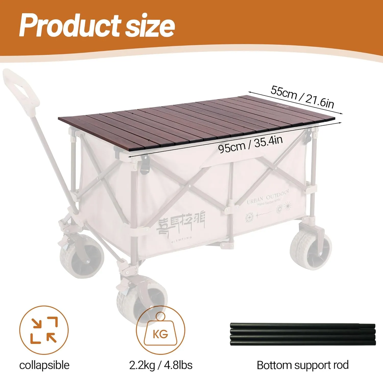 Aluminum Alloy Steel Collapsible Board Desktop Folding Table for Garden Cart Foldable Wagon Heavy Duty Foldable Metal Outdoor Camping 37.4x21.6 inch (Wood Color)