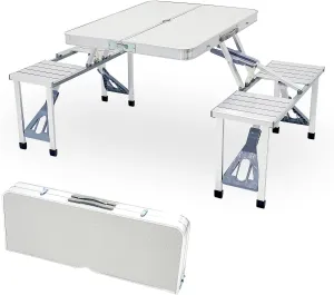 Aluminum Foldable Table Camping Picnic Folding Grilling Table w/ 4 Chairs Seats Umbrella Hole Fold Up Suitcase Table for Travel Picnic Camping BBQ Party