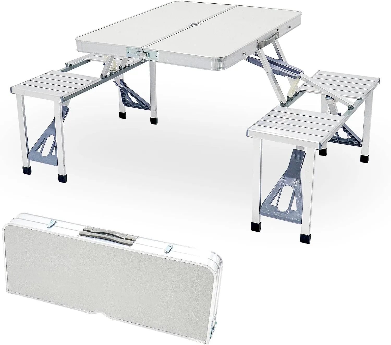 Aluminum Foldable Table Camping Picnic Folding Grilling Table w/ 4 Chairs Seats Umbrella Hole Fold Up Suitcase Table for Travel Picnic Camping BBQ Party