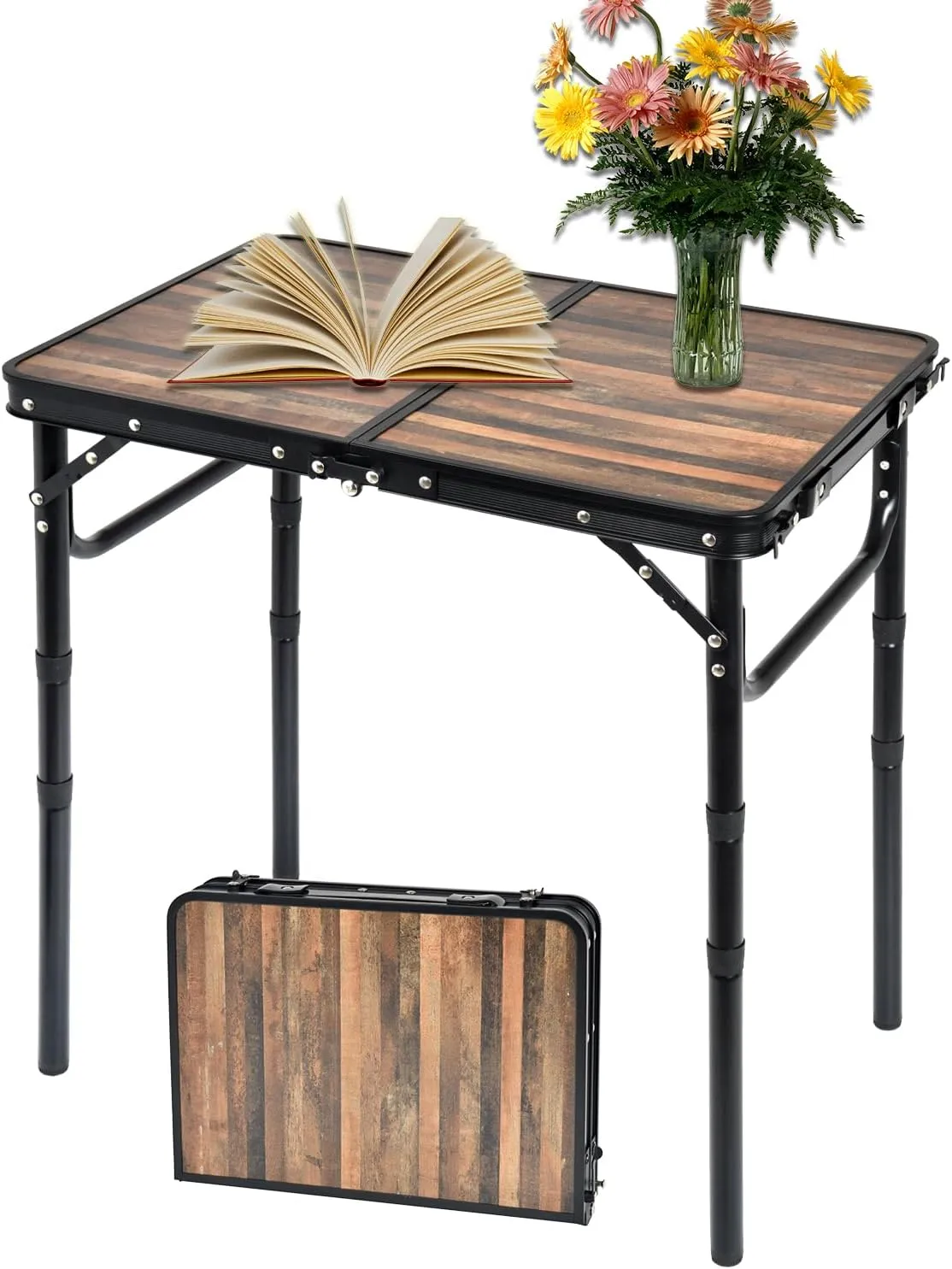 Aluminum Folding Table - Premium Portable, Lightweight, and Adjustable Camping Table for Outdoor Adventures, Picnics, and Home Use - Durable and Compact Design 2ft with Carry Handle (Wood Grain)