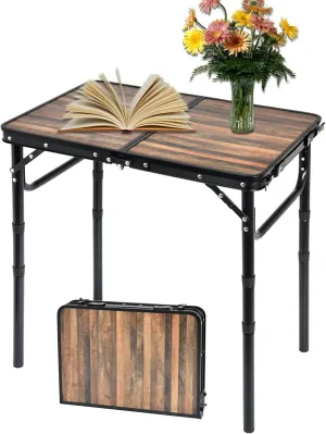 Aluminum Folding Table - Premium Portable, Lightweight, and Adjustable Camping Table for Outdoor Adventures, Picnics, and Home Use - Durable and Compact Design 2ft with Carry Handle (Wood Grain)
