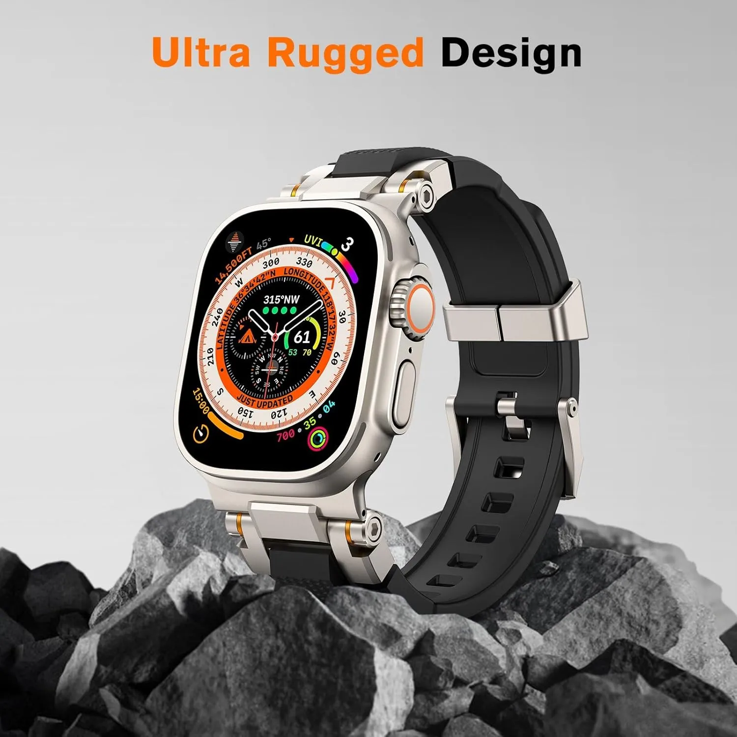 amBand Bands Compatible with Apple Watch Ultra 2/1 49mm, M1 Sport Series Rugged Durable Strap with Metal Connector to Match Ultra's Titanium Case for iWatch 49 mm Men Titanium/Black