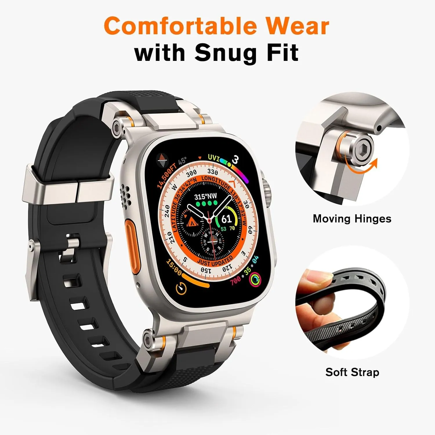 amBand Bands Compatible with Apple Watch Ultra 2/1 49mm, M1 Sport Series Rugged Durable Strap with Metal Connector to Match Ultra's Titanium Case for iWatch 49 mm Men Titanium/Black