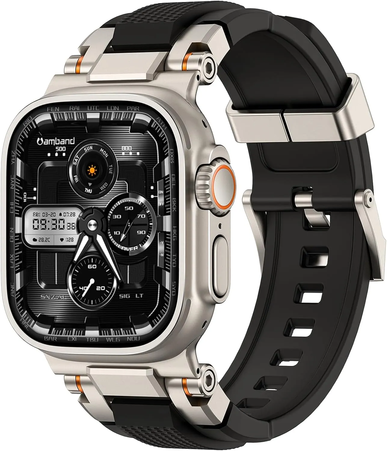 amBand Bands Compatible with Apple Watch Ultra 2/1 49mm, M1 Sport Series Rugged Durable Strap with Metal Connector to Match Ultra's Titanium Case for iWatch 49 mm Men Titanium/Black