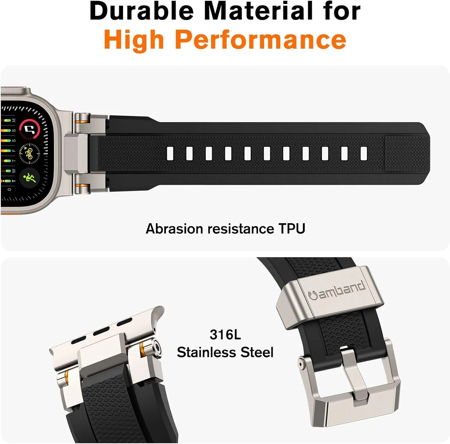 amBand Bands Compatible with Apple Watch Ultra 2/1 49mm, M1 Sport Series Rugged Durable Strap with Metal Connector to Match Ultra's Titanium Case for iWatch 49 mm Men Titanium/Black