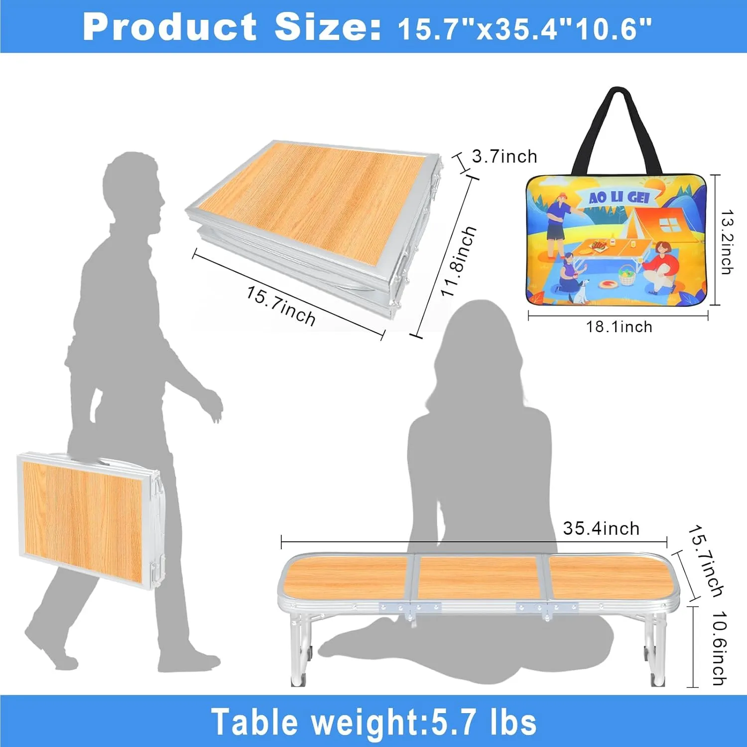 AO LI GEI Folding Camping Table Small with Storage Bag,Adjustable Height Portable Picnic Table,Upgraded Thickening Lightweight Outdoor Table Aluminum Legs (Brown:15.7"x35.4", Height:10.6")