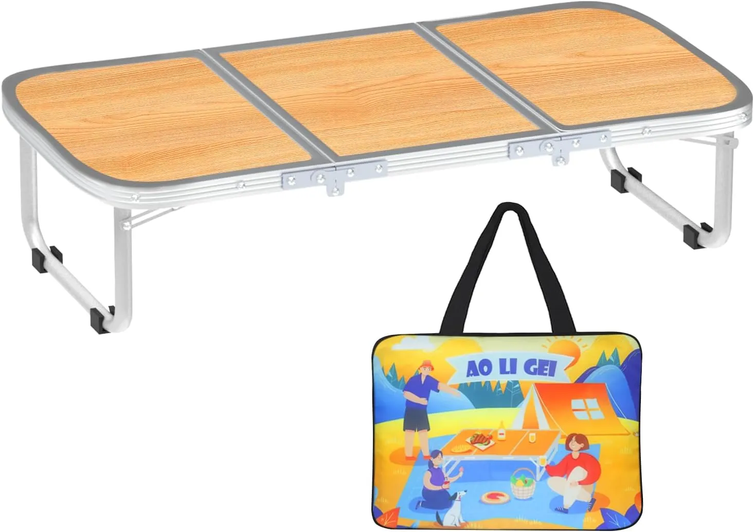 AO LI GEI Folding Camping Table Small with Storage Bag,Adjustable Height Portable Picnic Table,Upgraded Thickening Lightweight Outdoor Table Aluminum Legs (Brown:15.7"x35.4", Height:10.6")