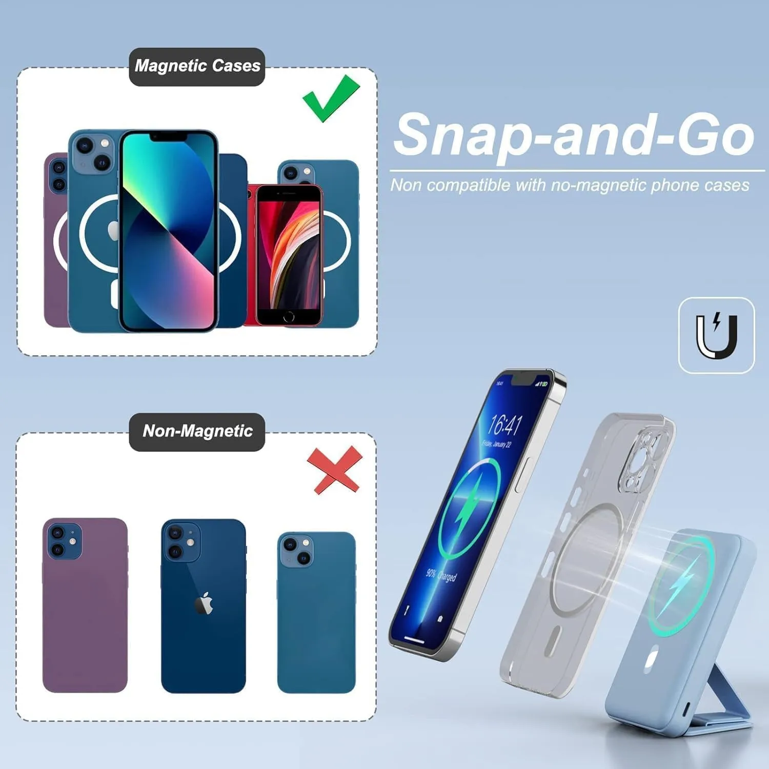 AOGUERBE Magnetic Power Bank, 10000mAh Foldable Wireless Portable Charger with USB-C Cable LED Display, for Mag-Safe Battery Pack 22.5W PD Fast Charging for iPhone 16/15/14/13/12 Pro/Pro Max/Plus/Mini