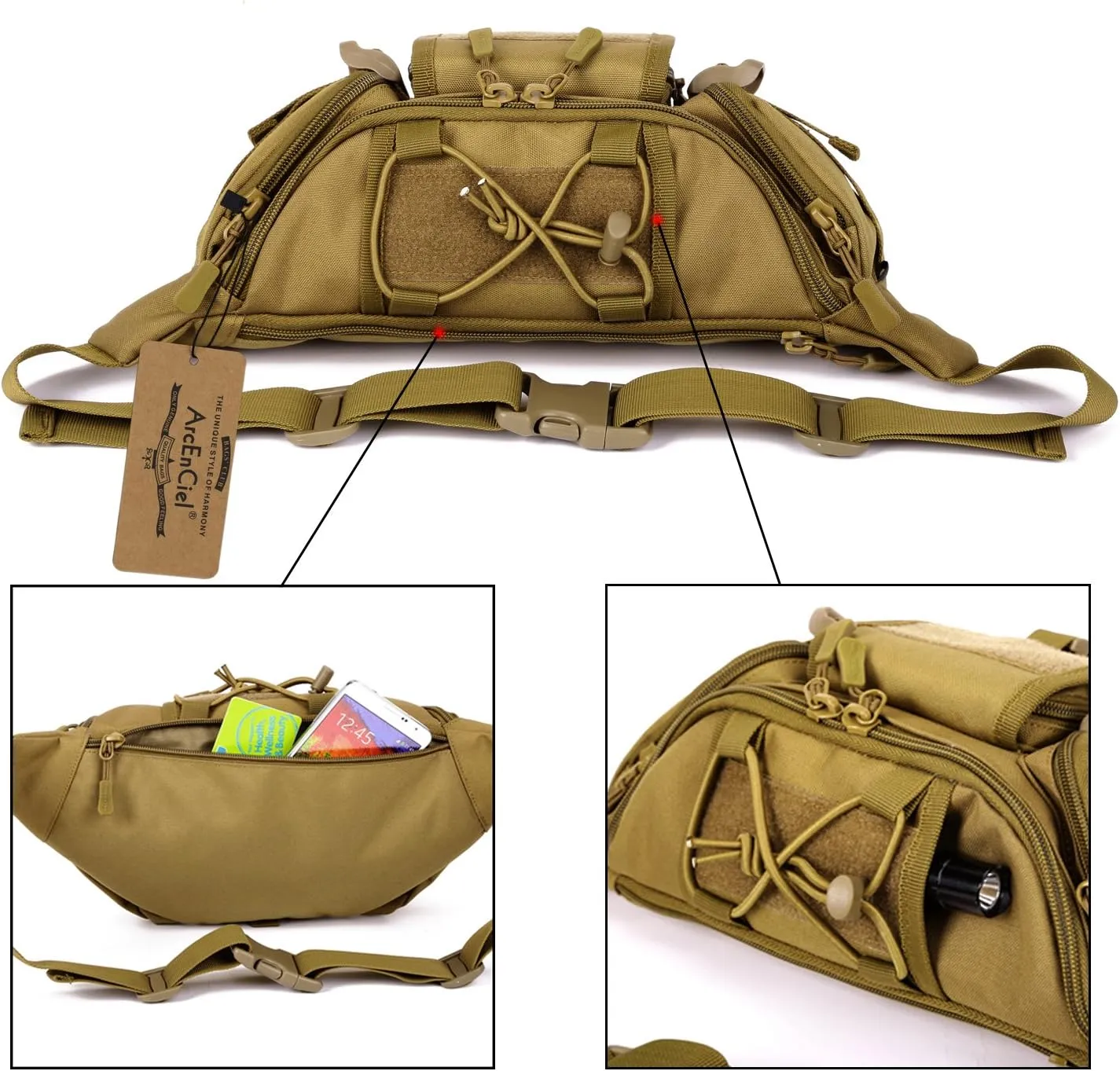 ArcEnCiel Tactical Fanny Pack for Men Waist Bag Hip Belt Outdoor Hiking Fishing Bumbag with Patch