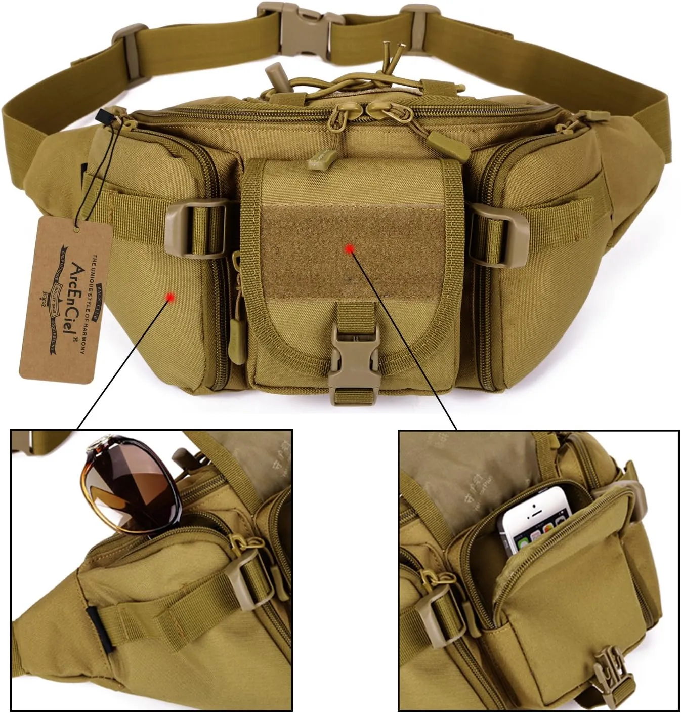 ArcEnCiel Tactical Fanny Pack for Men Waist Bag Hip Belt Outdoor Hiking Fishing Bumbag with Patch
