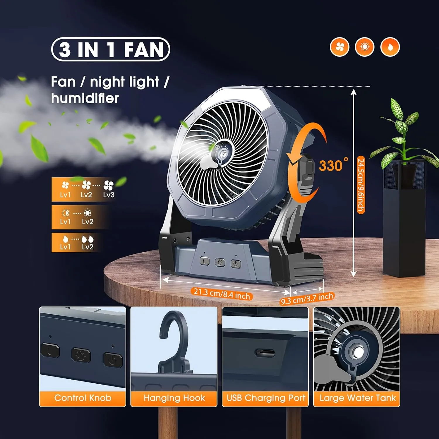 Ausic Misting Fan Portable, 20000mAh Outdoor Cooling Fans for Patio, 250ml Water Spray Fan with Led Light, Beach Camping Essential, 8 Inch Battery Operated Rechargeable Fans for Tents,Travel