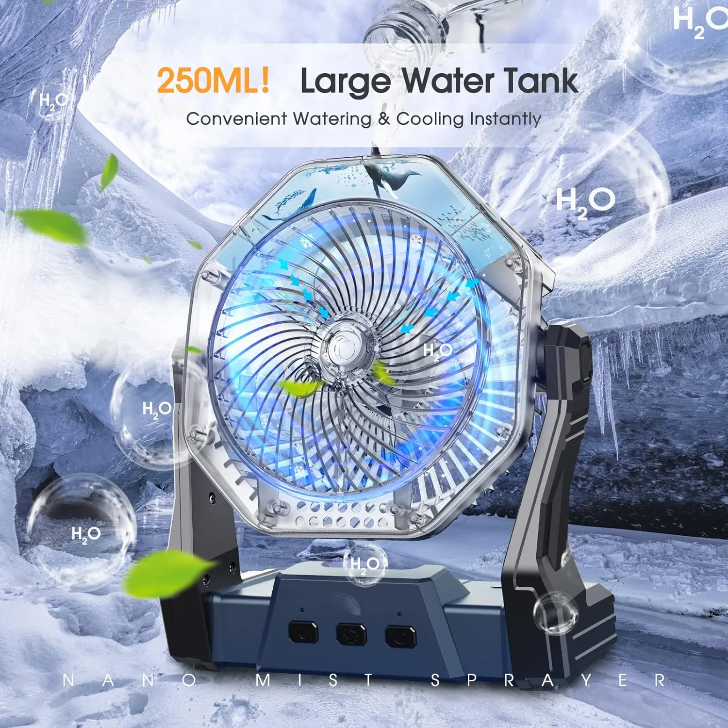Ausic Misting Fan Portable, 20000mAh Outdoor Cooling Fans for Patio, 250ml Water Spray Fan with Led Light, Beach Camping Essential, 8 Inch Battery Operated Rechargeable Fans for Tents,Travel