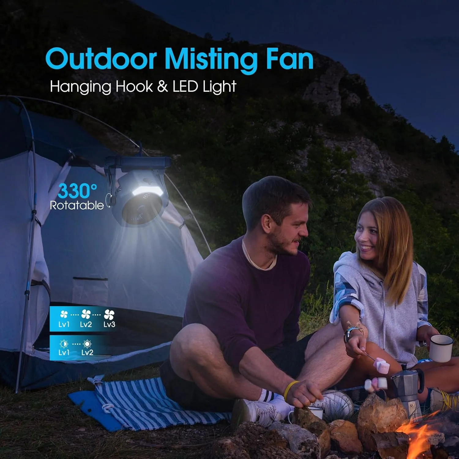 Ausic Misting Fan Portable, 20000mAh Outdoor Cooling Fans for Patio, 250ml Water Spray Fan with Led Light, Beach Camping Essential, 8 Inch Battery Operated Rechargeable Fans for Tents,Travel