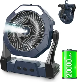 Ausic Misting Fan Portable, 20000mAh Outdoor Cooling Fans for Patio, 250ml Water Spray Fan with Led Light, Beach Camping Essential, 8 Inch Battery Operated Rechargeable Fans for Tents,Travel