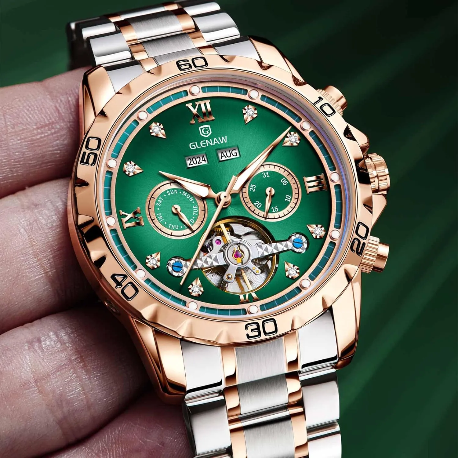 Automatic Watch for Men Skeleton Roman Numeral Diamond Dial Stainless Waterproof Day Date Business Casual Watches