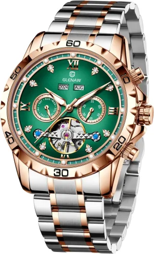 Automatic Watch for Men Skeleton Roman Numeral Diamond Dial Stainless Waterproof Day Date Business Casual Watches