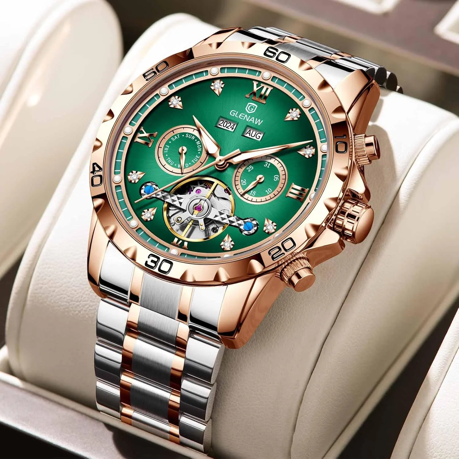 Automatic Watch for Men Skeleton Roman Numeral Diamond Dial Stainless Waterproof Day Date Business Casual Watches