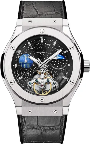 Automatic Watches for Men, Skeleton Watches for Men Analog Tourbillon Watch Starry Sky Dial 12-Hour Small Dial Moon Phase Mechanical Watch Black Leather Strap