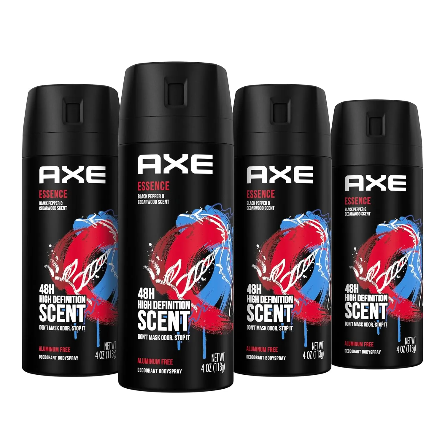AXE Body Spray Deodorant for Long Lasting Odor Protection Essence Black Pepper & Cedarwood Men's Deodorant Formulated Without Aluminum, 4 Ounce (Pack of 4)