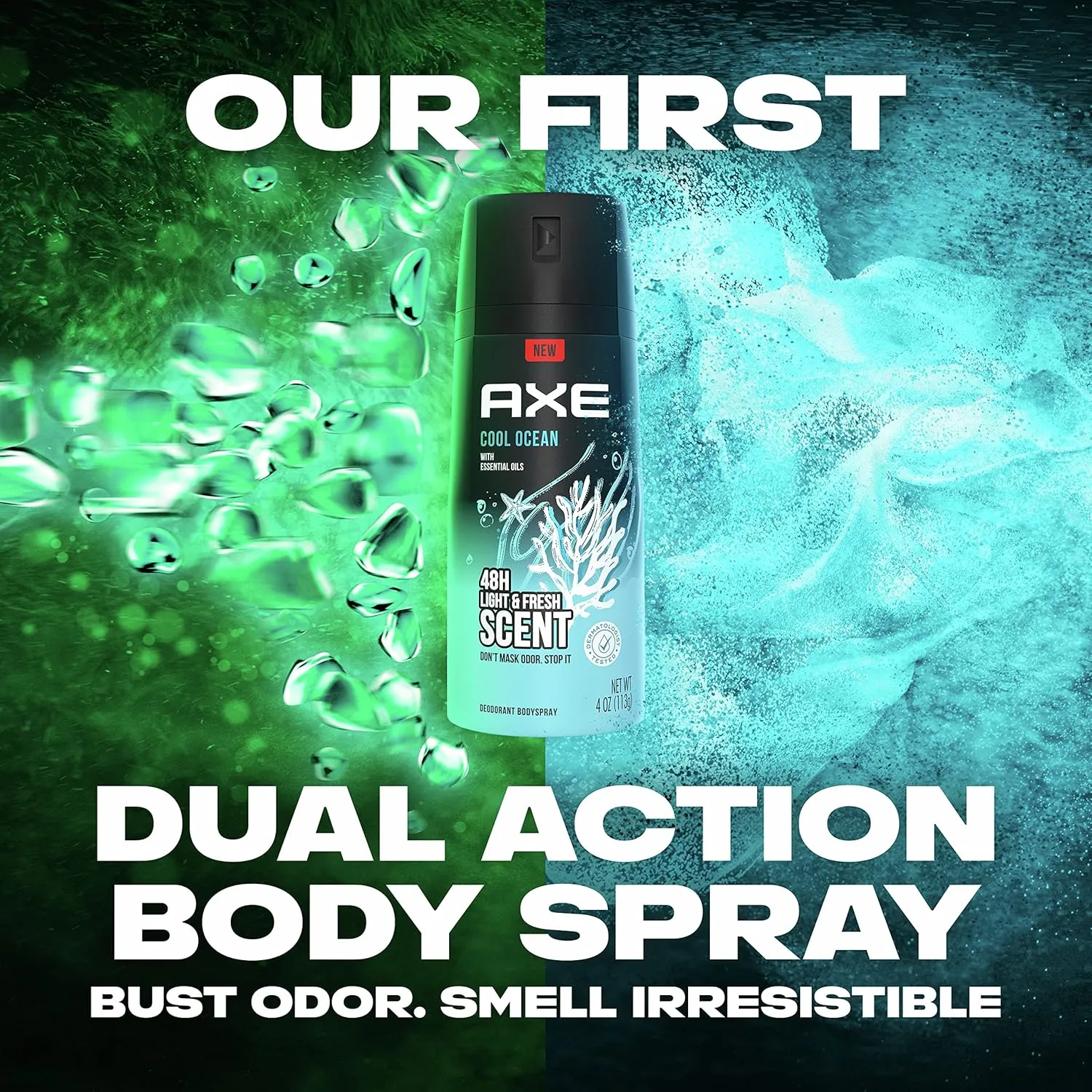 AXE Dual Action Body Spray Deodorant for Long Lasting Odor Protection Cool Ocean All Day Fresh Scent Mens Deodorant Formulated Without Aluminum, 4 Oz (Pack of 4)